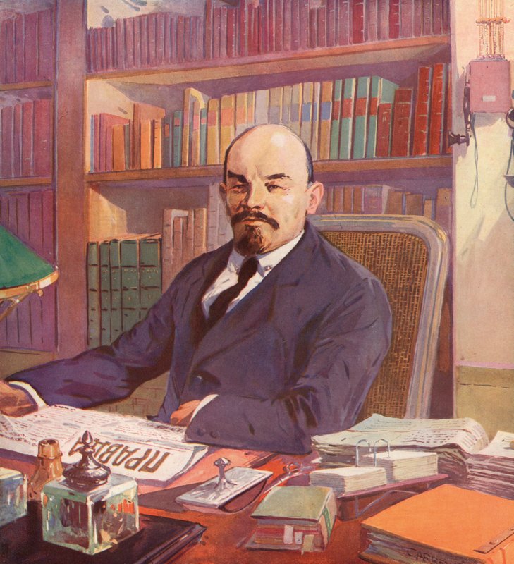 Den russiske bolsjeviklederen Lenin på sitt kontor i Kreml, Moskva, USSR (farge litho) av (after) Carrey
