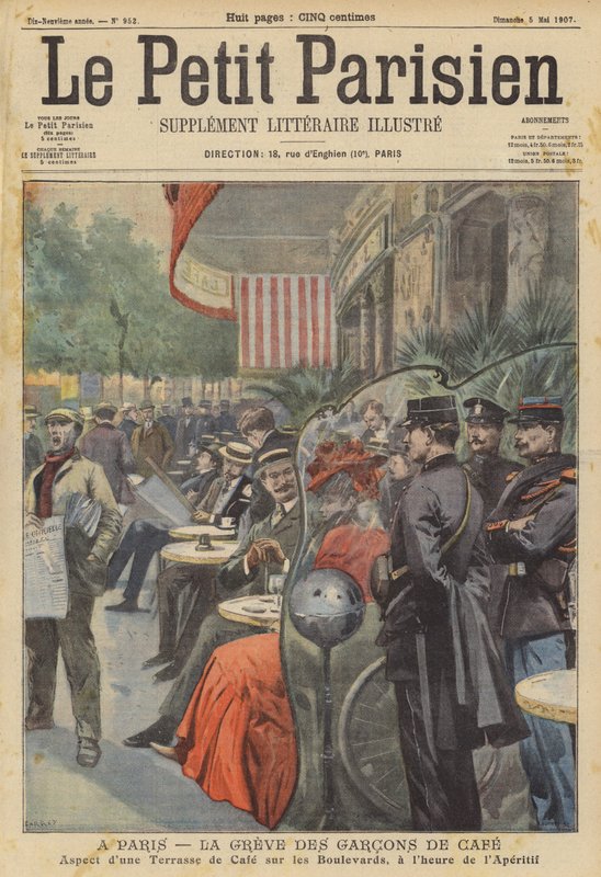 Streik av kafékelnere i Paris (farge litho) av (after) Carrey