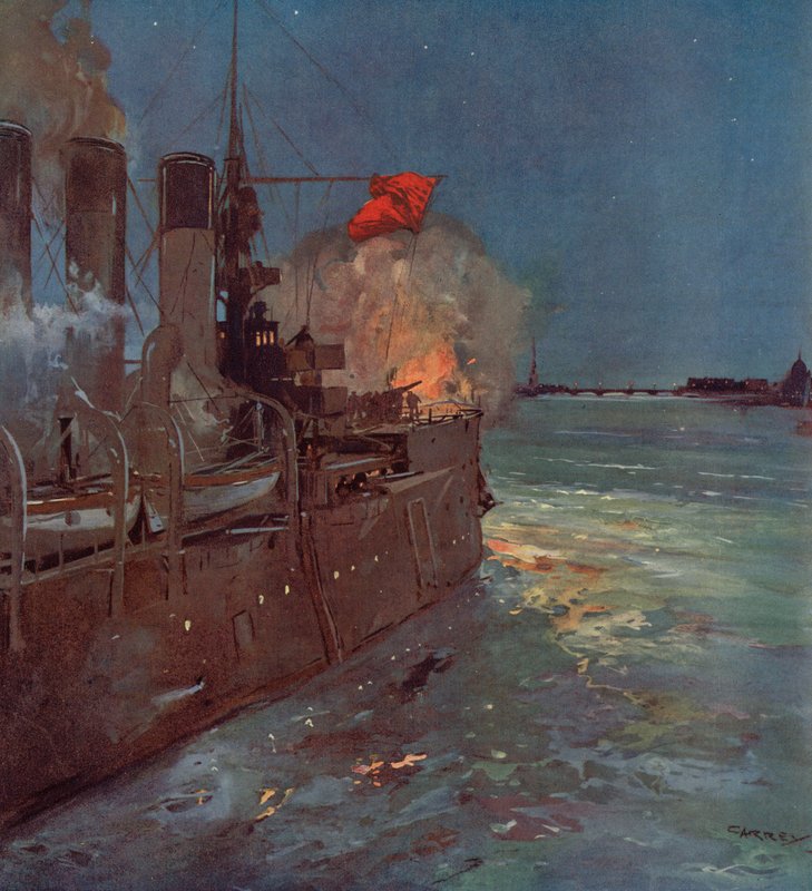 Den russiske krysseren Aurora avfyrte skuddet som signaliserer stormingen av Vinterpalasset i Petrograd, den russiske revolusjonen, 25. oktober 1917 (farge litho) av (after) Carrey