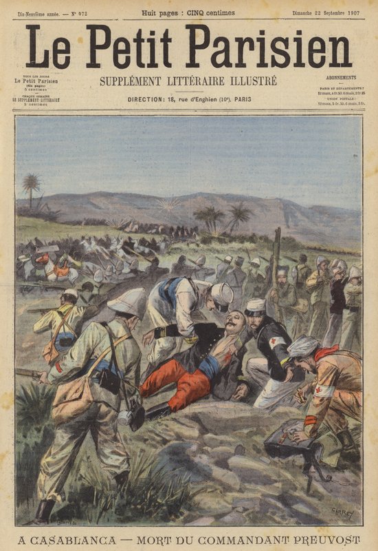 Kommandant Jean Marie Alexis Preuvosts død i Casablanca, Marokko (farge litho) av (after) Carrey