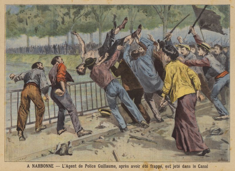 Vinprodusenter gjør opprør i den franske Midi (farge litho) av (after) Carrey