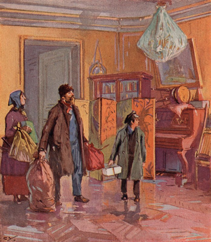 Russisk arbeiderklassefamilie som tar en borgerlig leilighet i besittelse etter revolusjonen (farge litho) av (after) Carrey