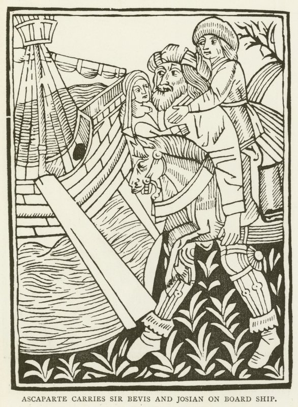 Ascaparte bærer Sir Bevis og Josian om bord på skipet (gravering) av (after) English School