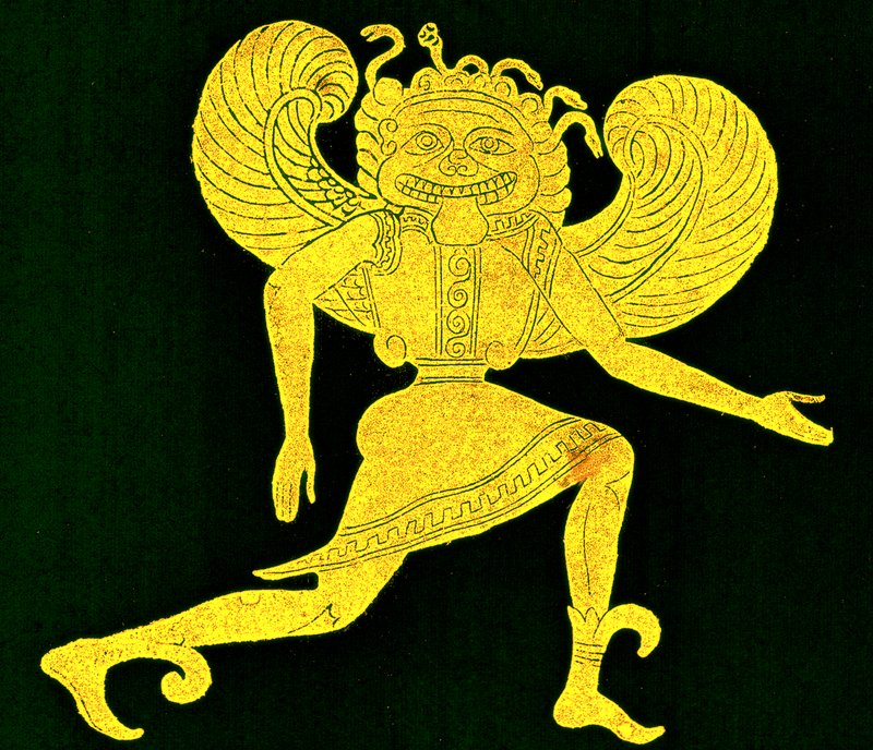 Etruskisk gorgon, fra Campana-museet, illustrasjon fra «Romas historie» av Victor Duruy, utgitt 1884 (digitalt forbedret bilde) av (after) English School