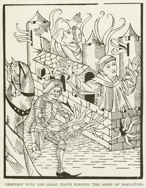 Geoffrey med den store tannen som brenner Abbey of Maillieres (gravering) av (after) English School