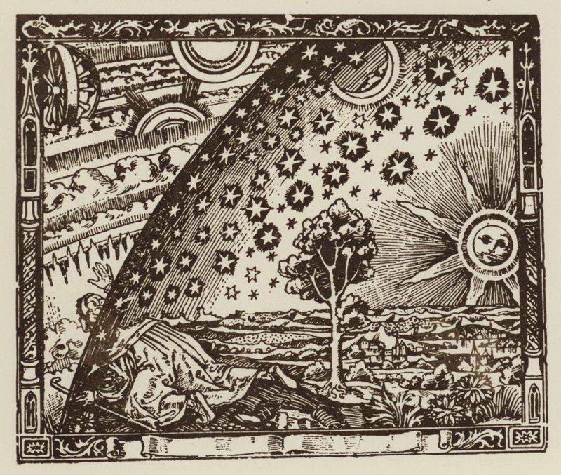 Mennesket reiser til jordens ende, representasjon av universet i middelalderen (litho) av (after) English School