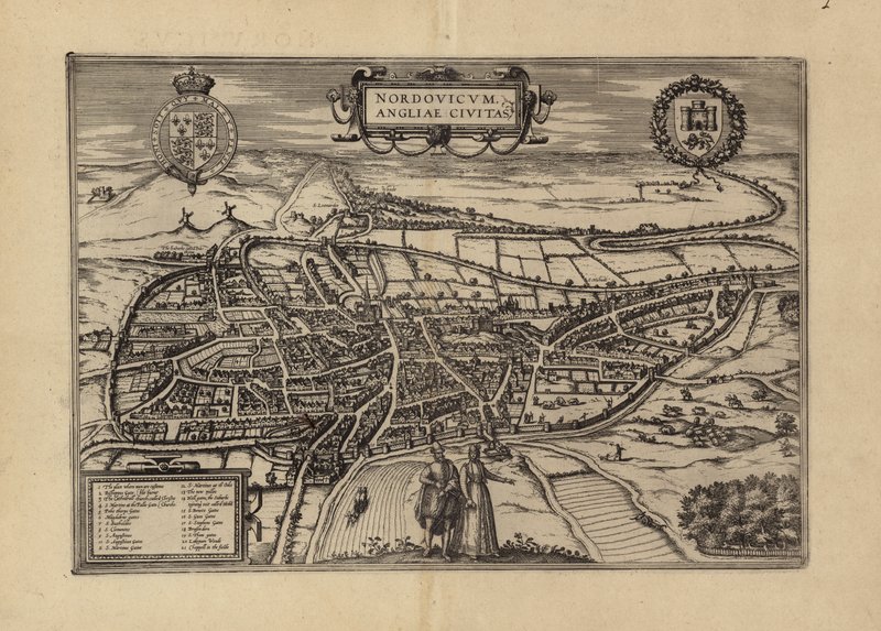 Kart over Norwich, Norfolk (gravering) av (after) English School