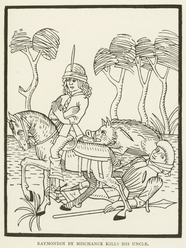 Raymondin dreper ved en tilfeldighet onkelen sin (gravering) av (after) English School
