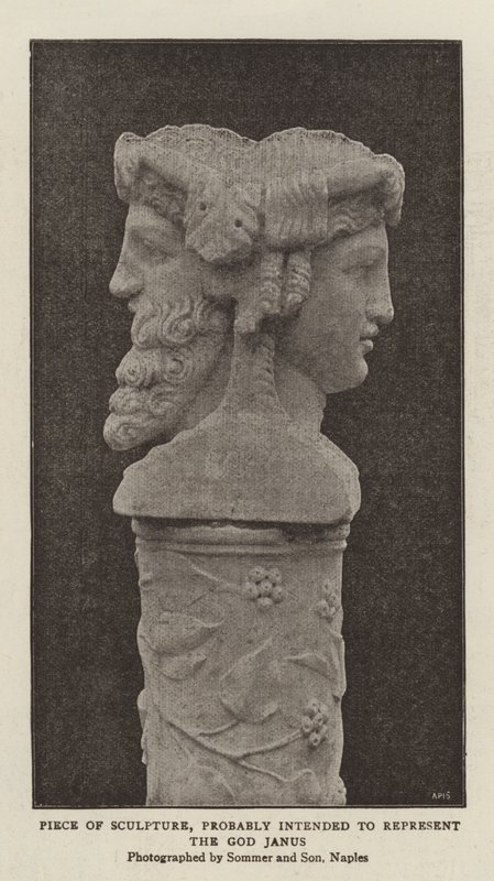 Skulpturstykke, sannsynligvis ment å representere guden Janus (s/hv-bilde) av (after) English photographer