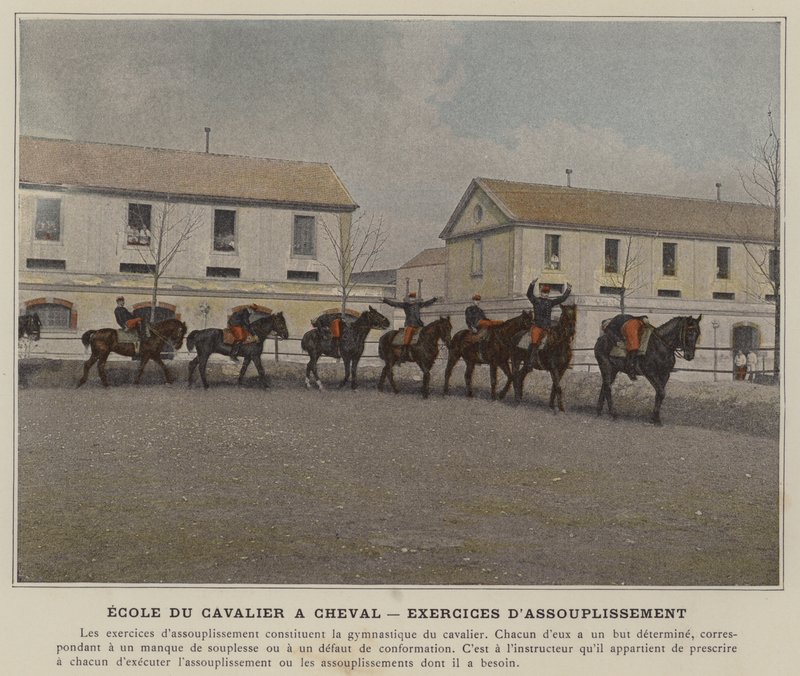 Rytterskolen til hest, tøyningsøvelser (farget bilde) av (after) French Photographer