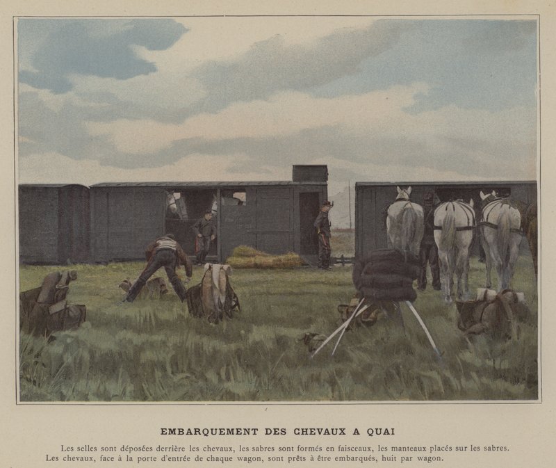 Ombordstigning av hester ved kai (farget bilde) av (after) French Photographer