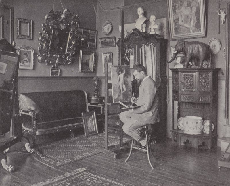Den franske maleren Henri Gervex i atelieret hans (s/hv-bilde) av (after) French Photographer