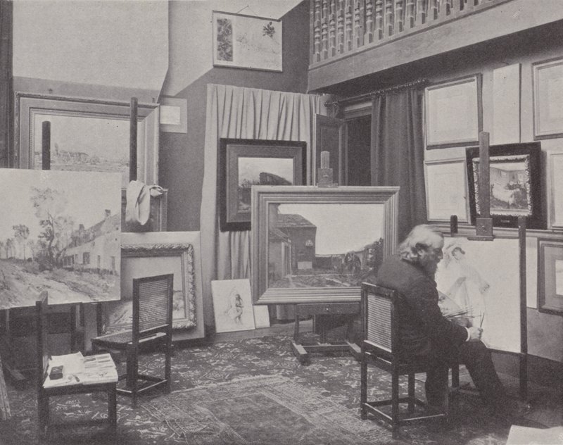 Den franske maleren Jean Charles Cazin i studioet hans (s/hv-bilde) av (after) French Photographer