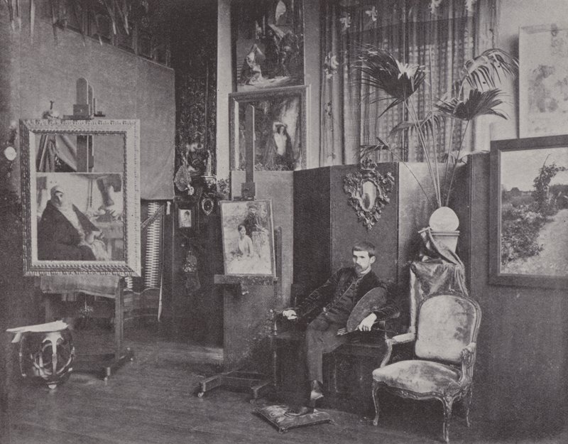 Den franske maleren Pascal Dagnan-Bouveret i atelieret hans (s/hv-bilde) av (after) French Photographer