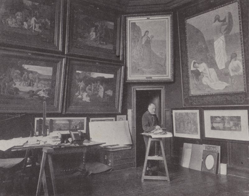 Den franske maleren Pierre Puvis de Chavannes i atelieret hans (s/hv-bilde) av (after) French Photographer