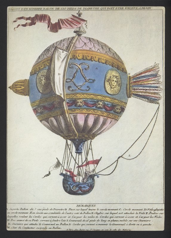 Design for en ballong med en diameter på 120 fot for å gjøre en oppstigning fra Dijon (farget gravering) av (after) French School