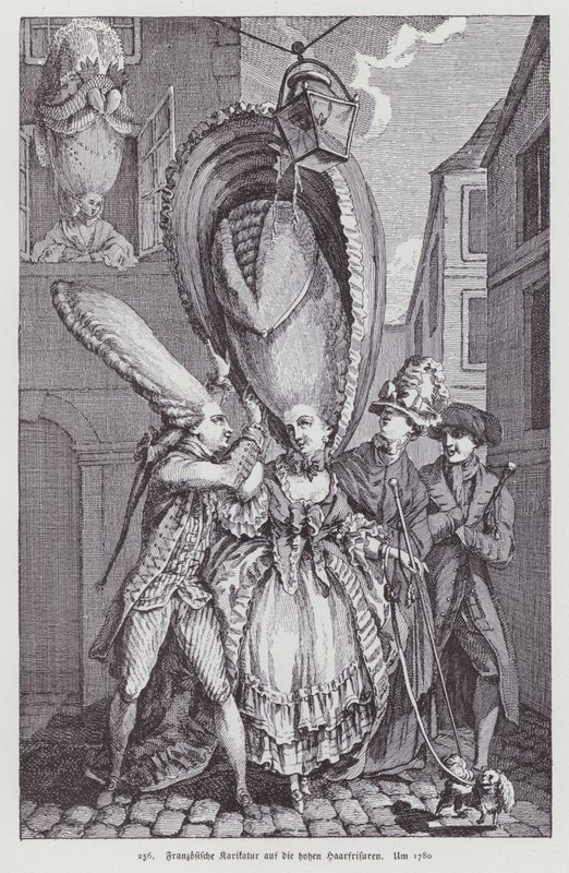 Fransk tegneserie med datidens kvinnefrisyrer av (after) French School