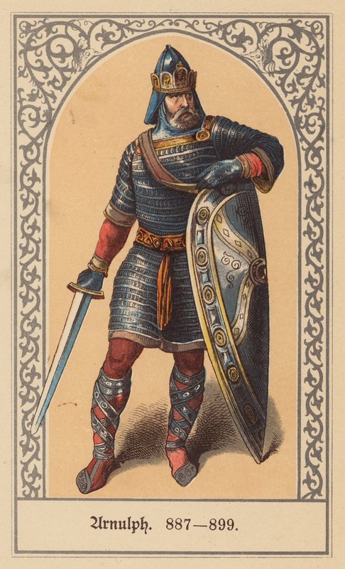 Arnulf av Kärnten, konge av Øst-Francia og den hellige romerske keiser (farge litho) av (after) German School