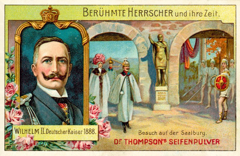 Kaiser Wilhelm II besøker Saalburg, Tyskland (chromolitho) av (after) German School
