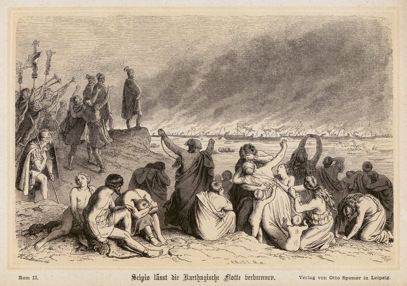 Scipio Africanus brenner den karthagiske flåten (gravering) av (after) German School