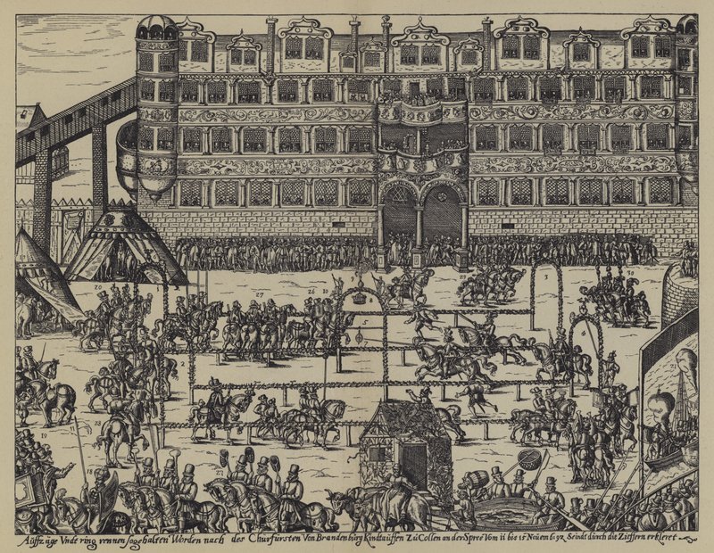 Turnering for å feire dåpen til Sigismund, sønn av John George, kurfyrst av Brandenburg, på Colln Castle av (after) German School