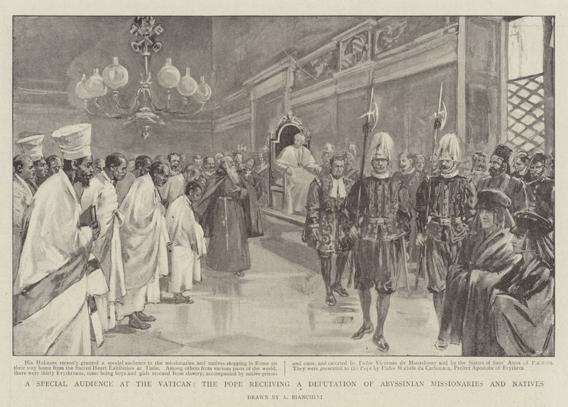 Et spesielt publikum i Vatikanet, paven som mottar en deputasjon av abessiniske misjonærer og innfødte (litho) av (after) Italian School