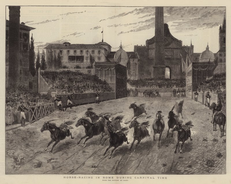 Hesteveddeløp i Roma under karnevalstid (gravering) av (after) Italian School