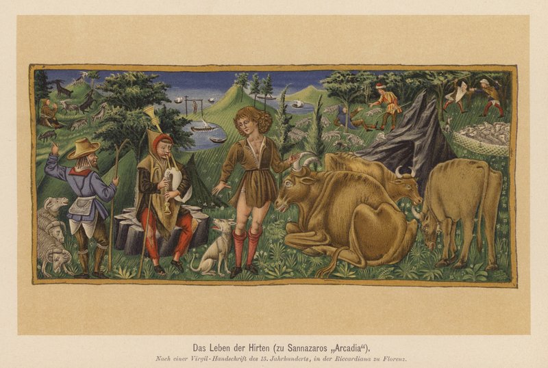 Scene fra Jacopo Sannazaros dikt Arcadia (farge litho) av (after) Italian School
