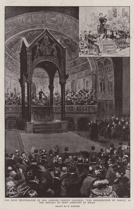 Den første fremførelsen av Don Lorenzo Perosi sitt oratorium, "Kristi oppstandelse," i basilikaen Saint Ambrogio i Milano (litho) av (after) Italian School