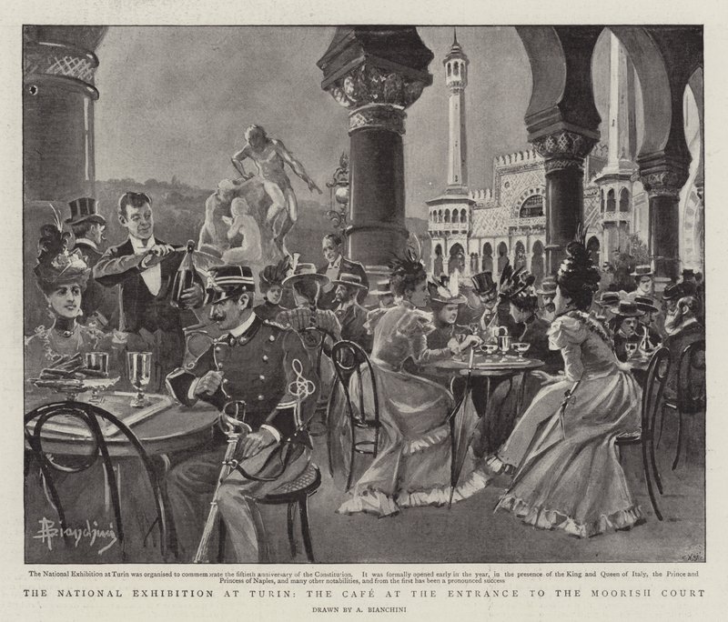 Nasjonalutstillingen i Torino, kafeen ved inngangen til den mauriske domstolen (litho) av (after) Italian School