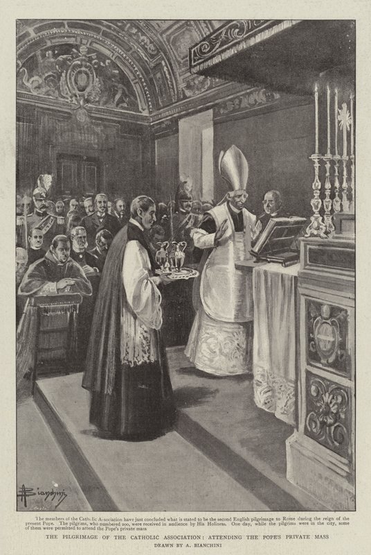 Den katolske foreningens pilegrimsreise, deltar på pavens private messe (litho) av (after) Italian School