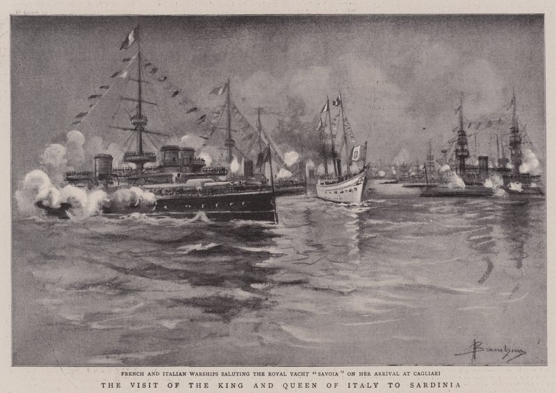 Besøket av kongen og dronningen av Italia på Sardinia (litho) av (after) Italian School