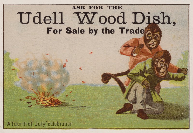 En fjerde juli-feiring, handelskort som reklamerer for Udell-treretter av American School