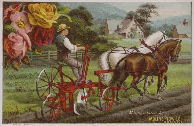 Amerikansk handelskort som reklamerer for Moline Plough Company, Illinois, ca 1880-tallet av American School