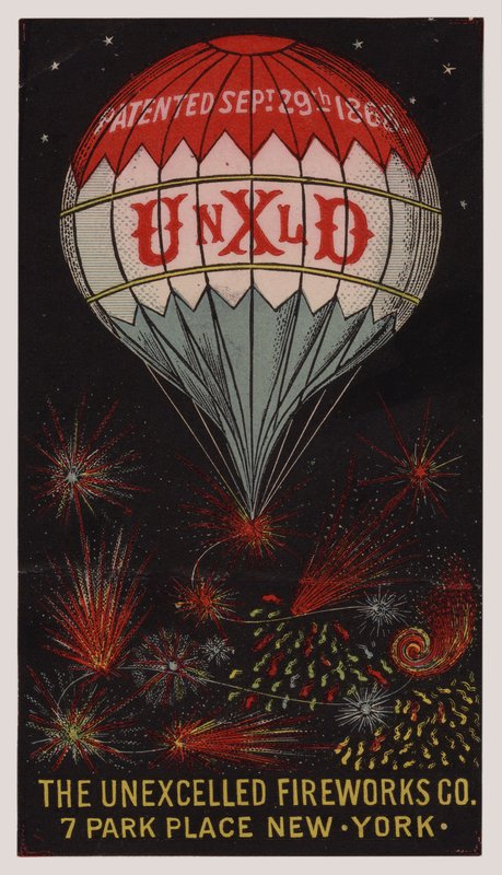Amerikansk handelskort som reklamerer for Unexcelled Firework Company, New York av American School