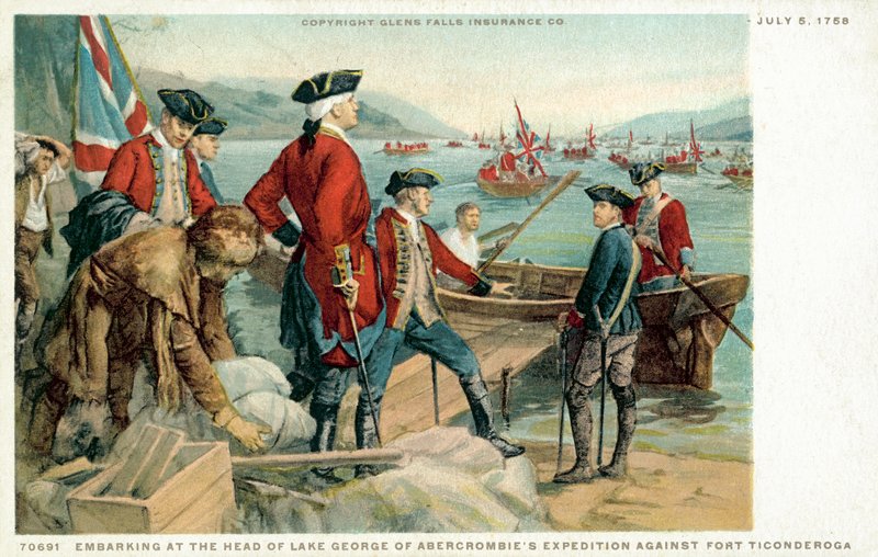 Legger ombord på spissen for Lake George of Abercrombies-ekspedisjonen mot Fort Ticonderoga av American School