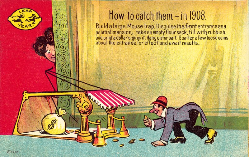 Postkort som viser hvordan du fanger dem, i et skuddår, 1908 av American School
