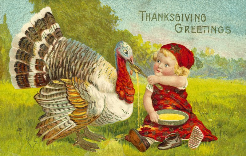 Thanksgiving-kort med liten jente og kalkun av American School
