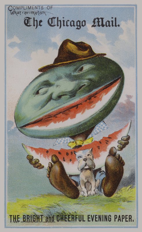 Watermelon, amerikansk handelskort som annonserer avisen Chicago Mail av American School