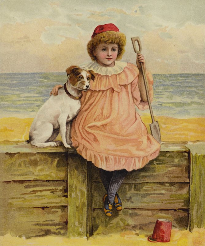 En jente som sitter med hunden sin på stranden av English School