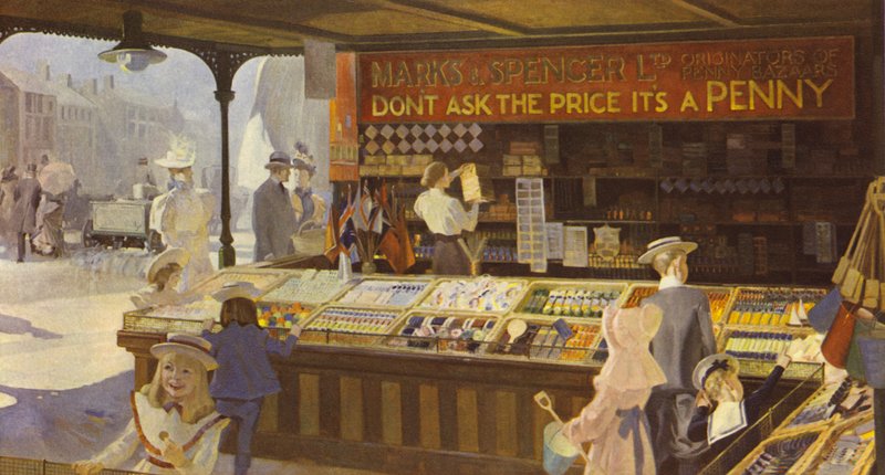 Et interiør av Penny Bazaar som viser den åpne skjermen, 1900 av English School