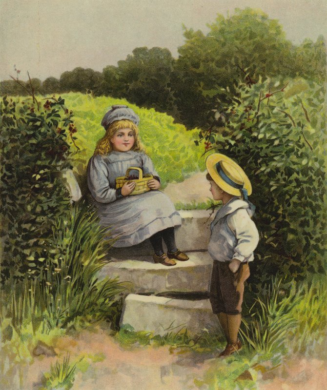 Barn på landsbygda med en kurv med frukt av English School