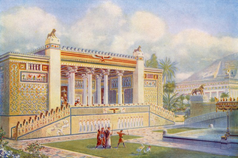 Fasaden til Darius-palasset i Persepolis lys med farger, bevegelse og liv av English School