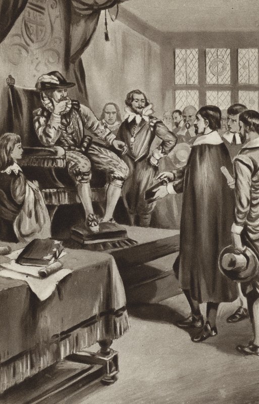 Kong James VI truer puritanerne med at han vil få dem til å tilpasse seg kirken eller få dem ut av landet av English School