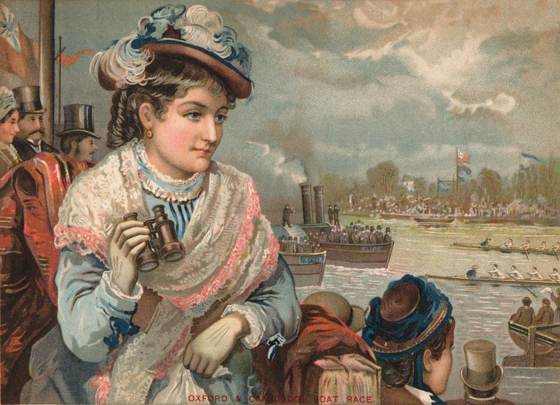 Dame som ser på Oxford og Cambridge båtrace, ca 1890. av English School