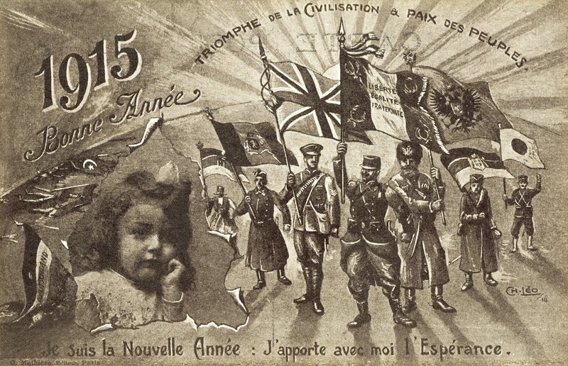 Nyttårskort for 1915, som ønsker sivilisasjonens triumf og fred blant folk av English School