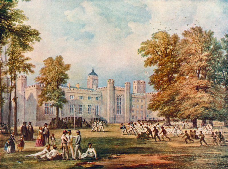 Spiller rugby på Rugby School, Warwickshire, 1852 av English School