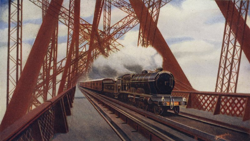 The Flying Scotsman krysser Forth Bridge, North British Railway av English School
