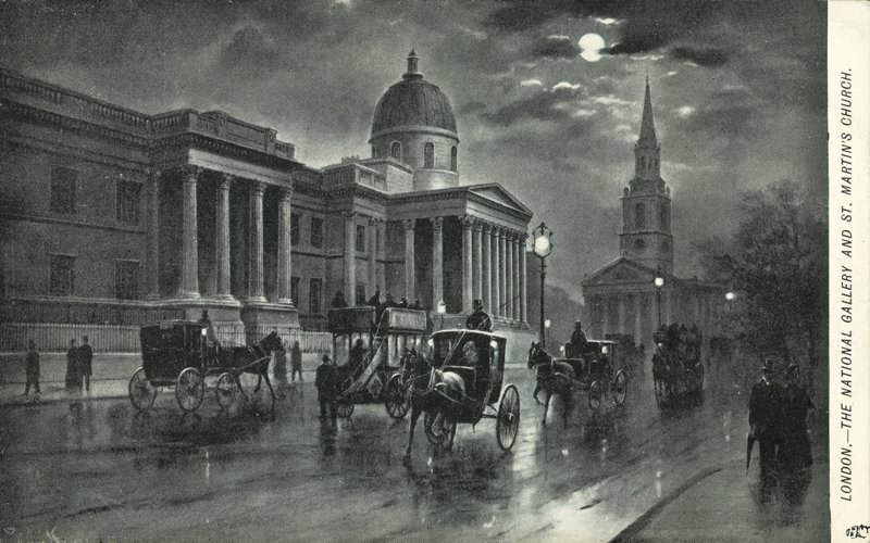 Nasjonalgalleriet og St Martins Church, London av English School