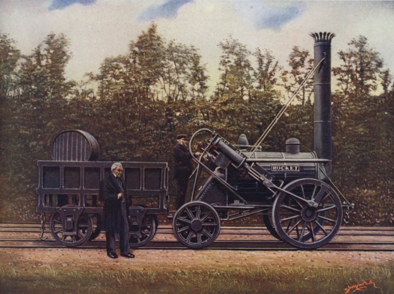 The Rocket og dens designer, George Stephenson, faren til British Railways, London og North Western Railway av English School